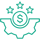 Line icon of a dollar coin surrounded by stars representing operational expertise and business performance excellence.