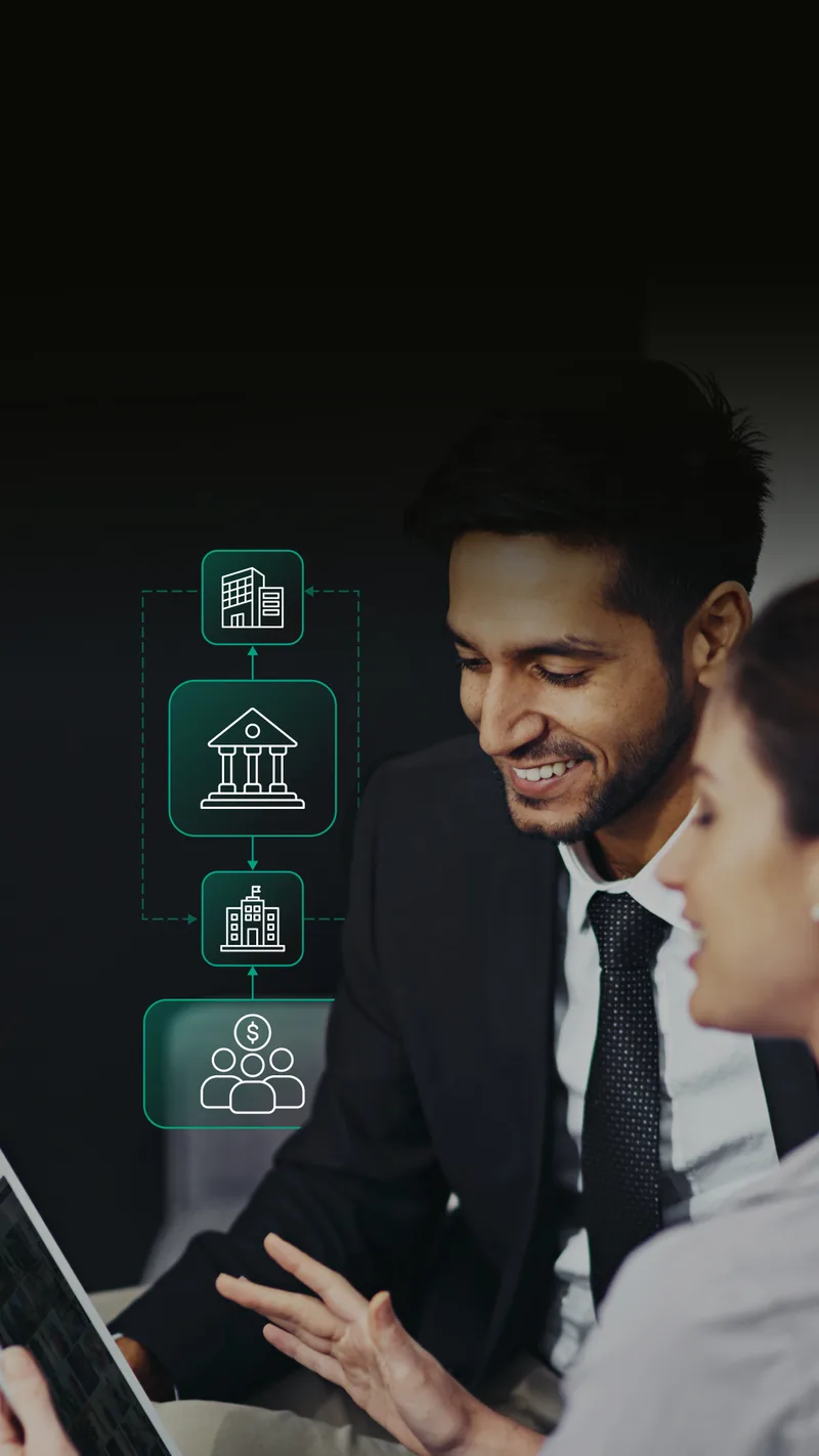 Business professionals reviewing financial plans together with icons representing institutions, funding structures, and investor networks