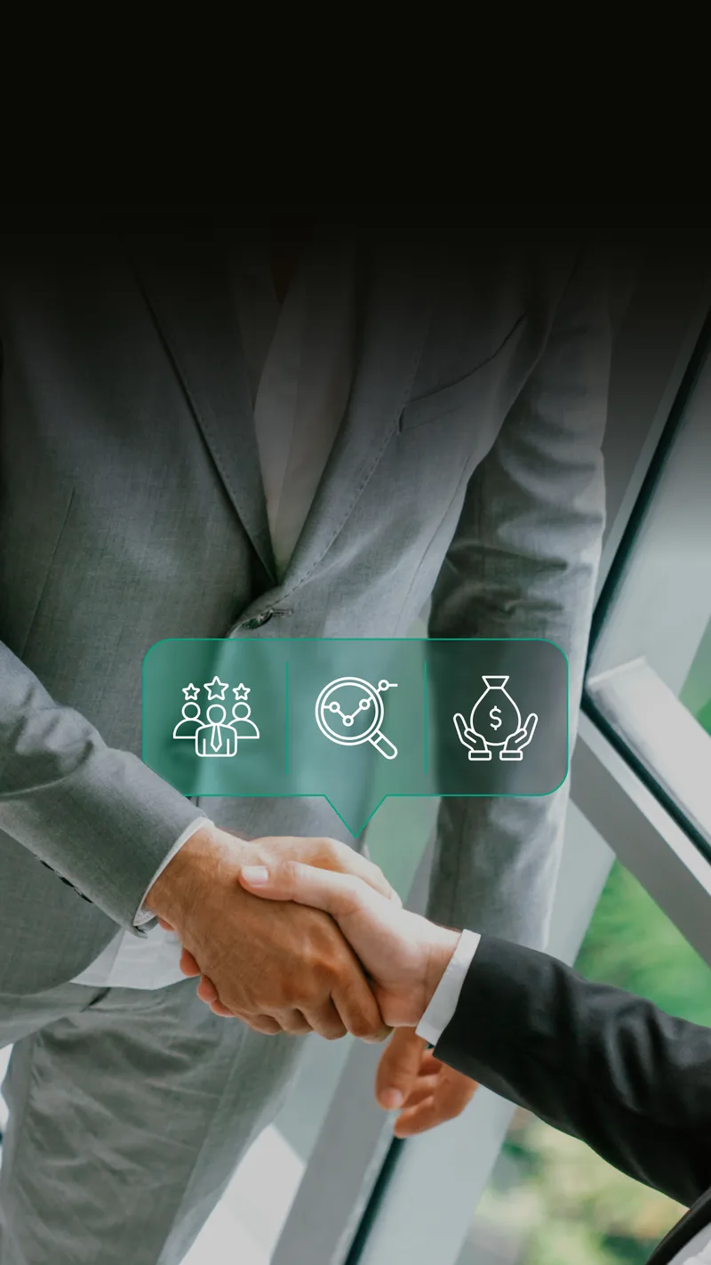 Business professionals shaking hands with icons representing investor networks, evaluation, and funding