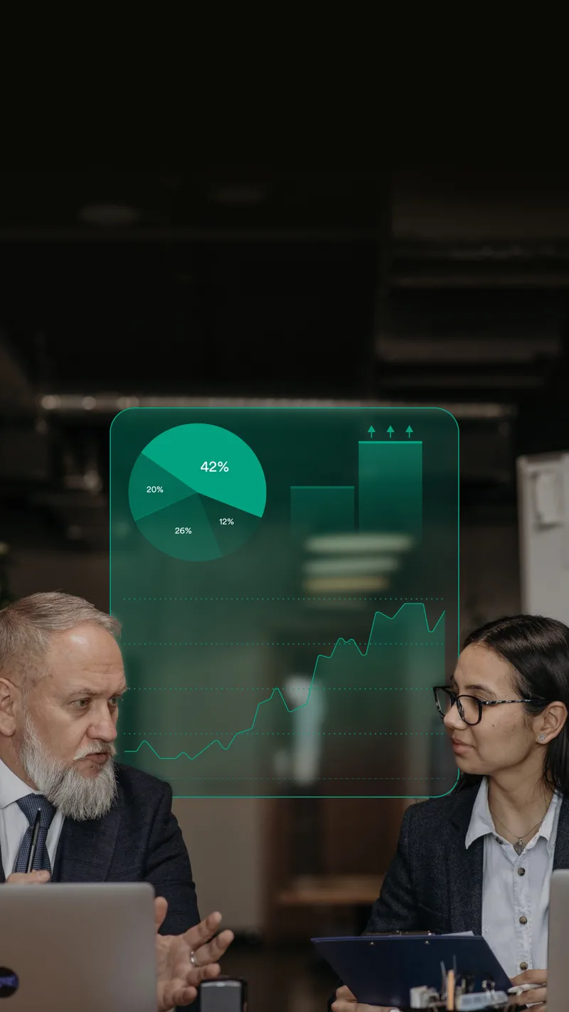 Professionals discussing performance insights with digital charts and analytics overlays
